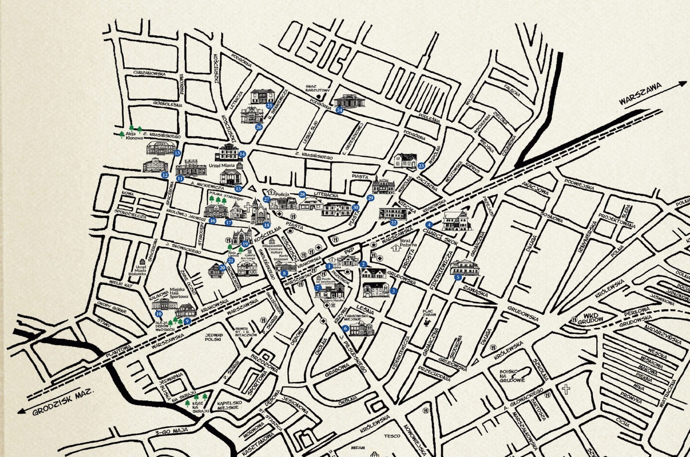 Rysowana mapa zabytkowych willi Milanówka z 31 punktami szlaku